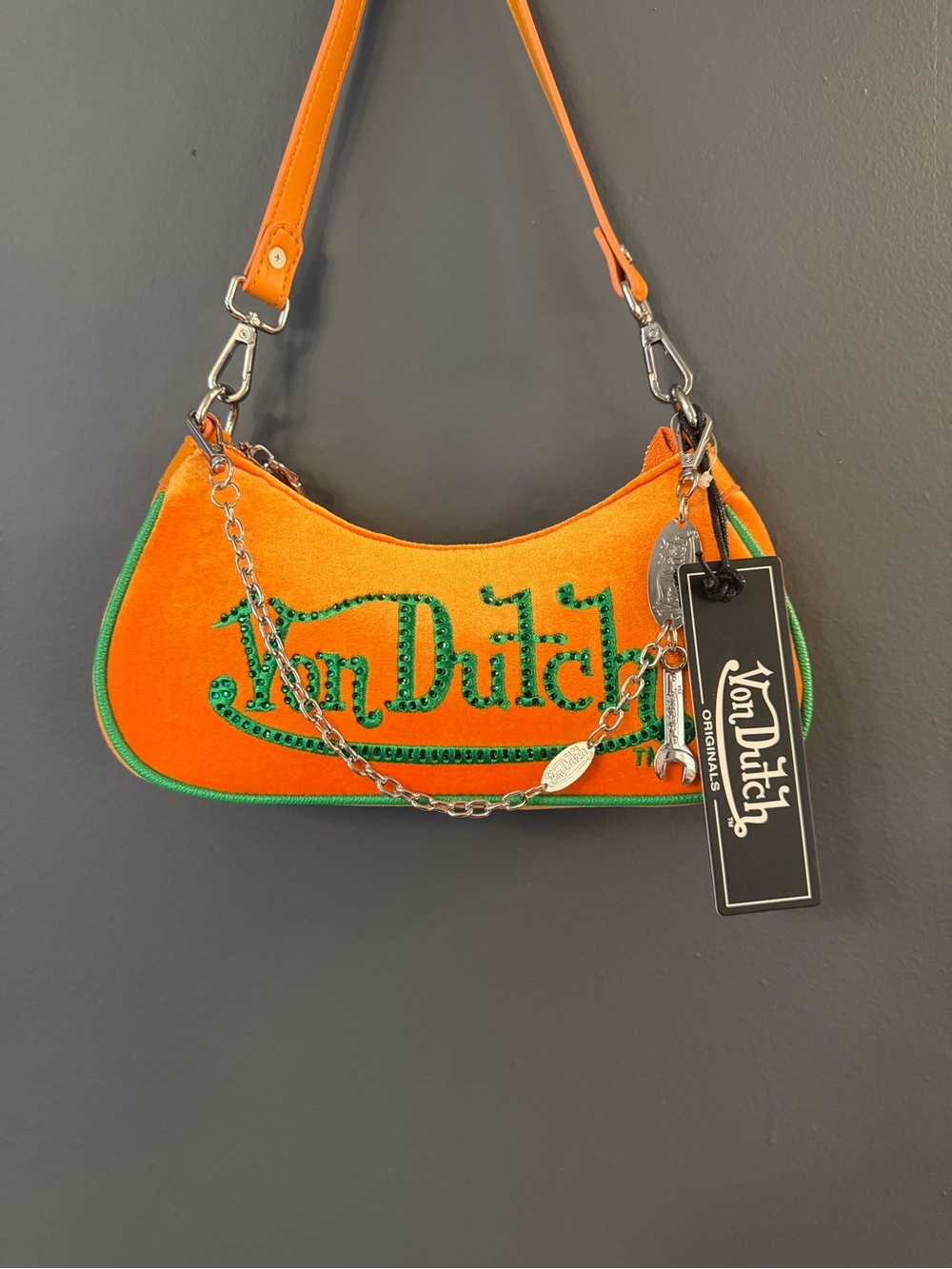 Von Dutch Orange Shoulder Bag with Green Trim and Logo🍊